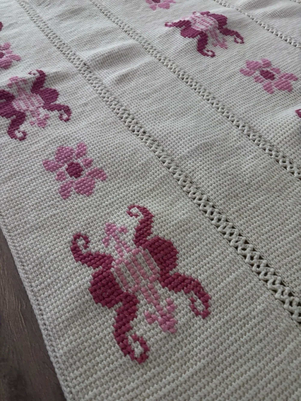 Handmade Crochet Throw Blanket Cream Pink Fringe Boho Cottage Anthro Afghan